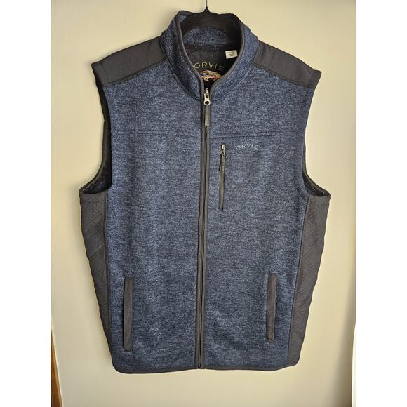 Orvis Mens Size XL Full Zip Vest Jacket Navy Blue w/ Quilted Black Panels Warm - Picture 1 of 8